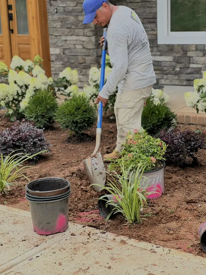 Crew member planting perennials